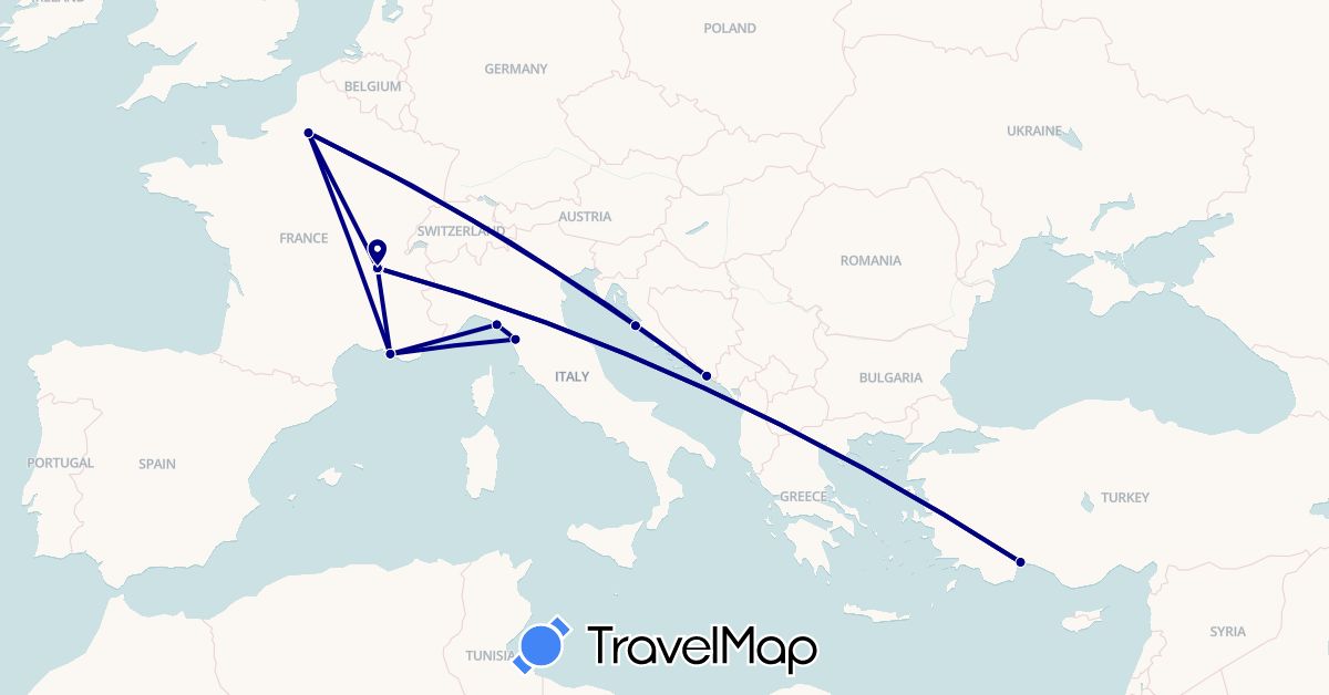TravelMap itinerary: driving in France, Croatia, Italy, Turkey (Asia, Europe)